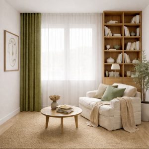 پرده آماده مینیمال 1.5 متری حریر ساده با کناره شنل سبز لجنی (bz-133) کد P519
