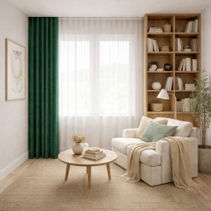 پرده آماده مینیمال 1.5 متری حریر ساده با کناره شنل سبز دریایی (bz-134) کد P447