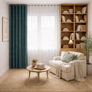 پرده آماده پانچی 1.5 متری حریر ساده با کناره شنل آبی اقیانوسی تیره (bz-136) کد P501