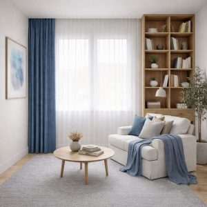 پرده آماده مینیمال 1.5 متری حریر ساده با کناره شنل آبی بنفش‌دار (bz-142) کد P403