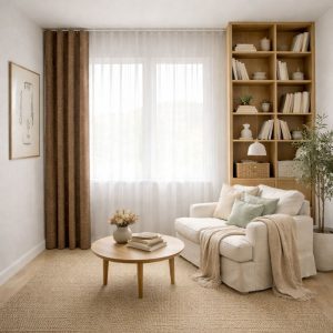 پرده آماده مینیمال 1.5 متری حریر ساده با کناره شنل قهوه‌ای شتری (bz-152) کد (p)P499