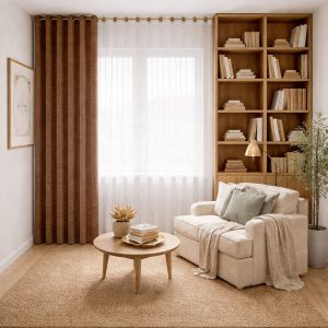 پرده آماده پانچی 1.5 متری حریر ساده با کناره شنل قهوه‌ای شتری (bz-152) کد P497