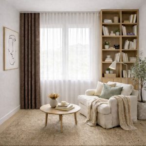 پرده آماده مینیمال 1.5 متری حریر ساده با کناره شنل قهوه‌ای دودی (bz-153) کد (p)P475