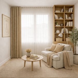 پرده آماده مینیمال 1.5 متری حریر ساده با کناره کتان کرم شتری روشن (bz-3055) کد P347