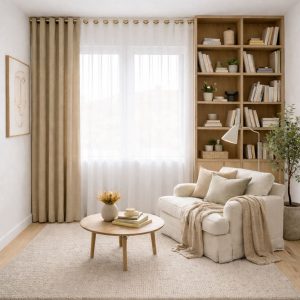 پرده آماده پانچی 1.5 متری حریر ساده با کناره کتان کرم شتری روشن (bz-3055) کد P345