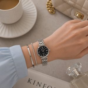 ساعت زنانه رویدا مدل Royal بند استیل صفحه مشکی نگین دار (E) کد W1219 (p1)