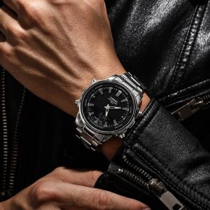 ساعت مردانه کاسیو جنرال دو زمانه نقرهای صفحه مشکی (E) کد W113