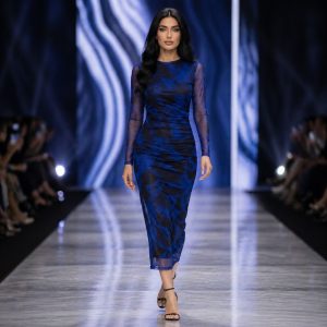 پیراهن میدی زنانه تور چاپی مدل نیلو رنگ آبی کاربنی (j) کد L158