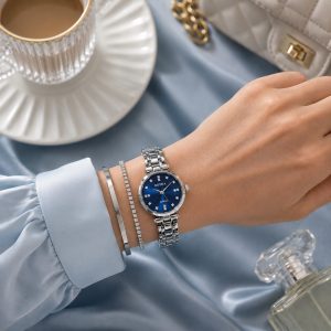 ساعت زنانه رویدا مدل Royal بند استیل صفحه آبی نگین دار (E) کد W1218(p1)
