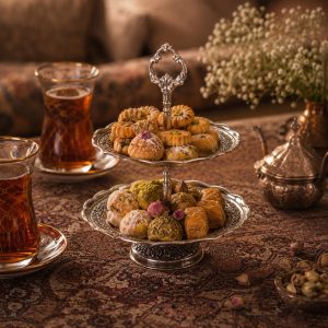 ظرف شیرینی خوری دو طبقه مسی رز کروم طرح نازگل