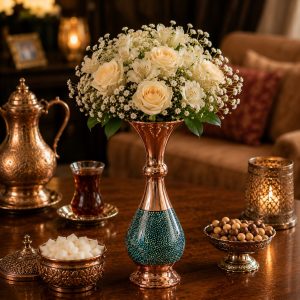 گلدان مسی فیروزه کوبی شده اصفهان نفیس ارتفاع 25 سانتی متر