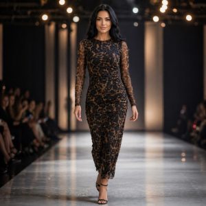 پیراهن میدی زنانه تور چاپی مدل نیلو رنگ پلنگی تیره (j) کد L161